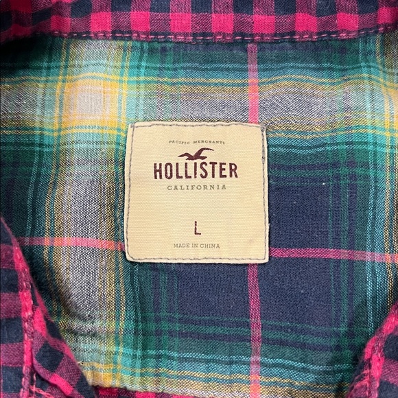 Hollister Mixed Plaid Flannel Top L Teal Pink Tartan Checkered‎ Drawstring Waist - Picture 9 of 10
